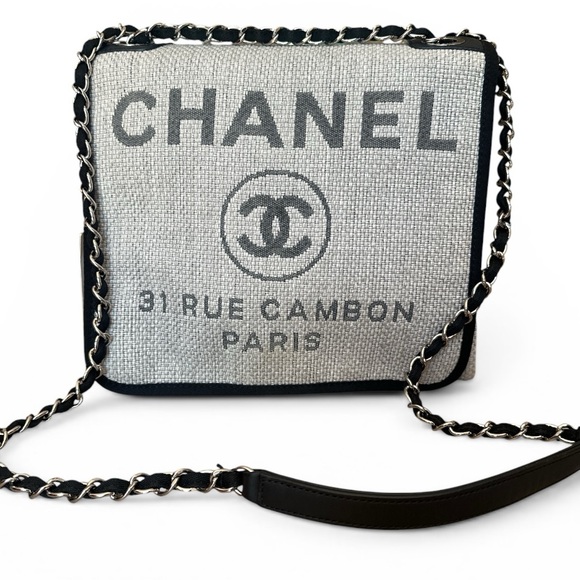 CHANEL Handbags - CHANEL COCOMARK Deauville Gray Canvas Crossbody with Black Trim and Chain Strap